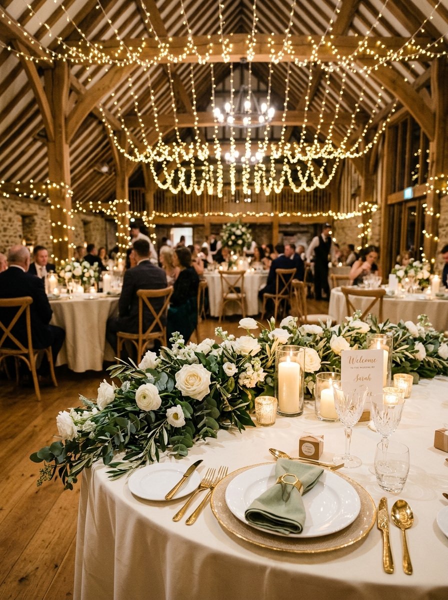 Mesa de recepción con luces cálidas